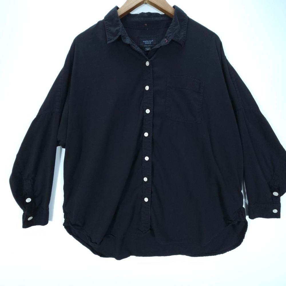 American Eagle Shirt Women XS Black Y2K Oversized Button Down Long Sleeve Cotton